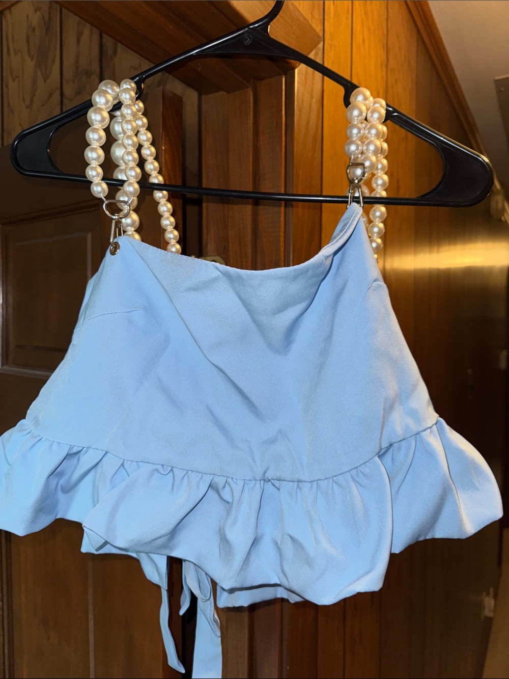 Pearl-Strap Light Blue Ruffle Crop Top